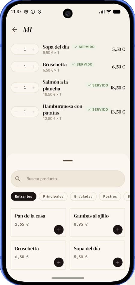 Comandero de Tablerly en un móvil — comanda de la mesa M1 con platos marcados como servidos