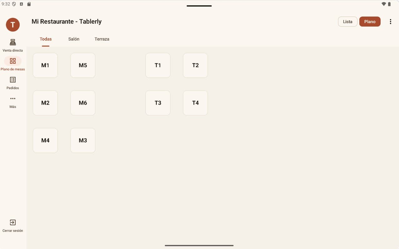 Pantalla del TPV de Tablerly con el plano de sala y las mesas del restaurante